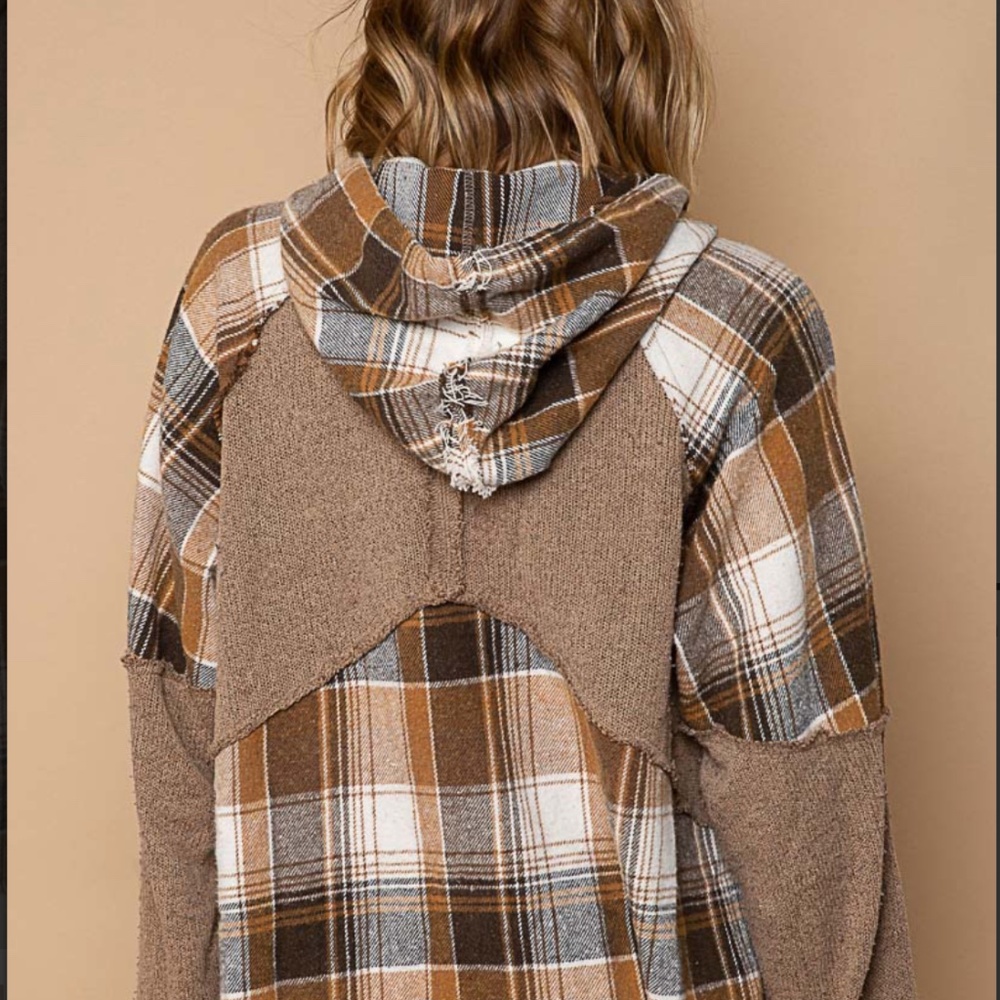 POL Plaid Oversized Hoodie Women's Plaid Contrast Top with Raw edge detail #S28 - Picture 3 of 7